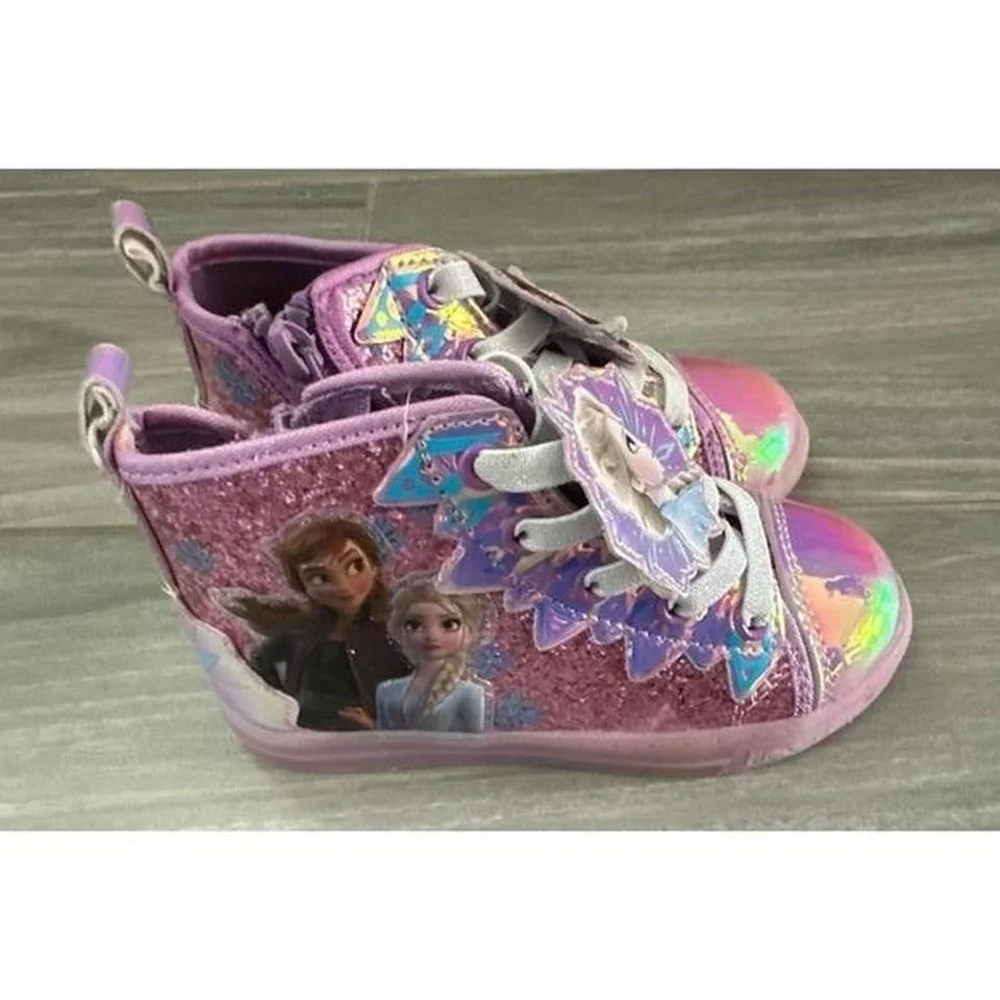 Kids Frozen Elsa Anna Light Up Glitter High Top Sneakers Purple Size 10